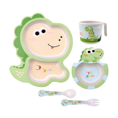Bamboo Kids Dinnerware Set 5 Pcs Includes Plate Bowl Cup Fork Spoon Perfect for Kids BPA-Free (Little Dinosaur)
