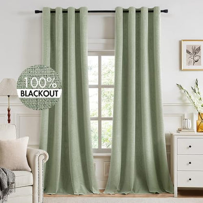 MIULEE 100% Blackout Linen Textured Curtains for Bedroom Solid Thermal Insulated Natural Beige Grommet Room Darkening Curtains & Drapes Luxury Decor for Living Room Nursery 52 x 84 Inch (2 Panels)