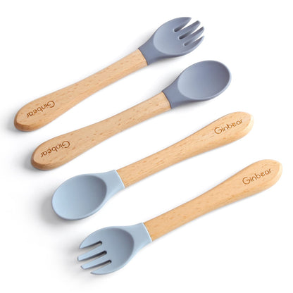 Ginbear Silicone Baby Spoons and Forks Self-feeding 12-18 Months, Soft-Tip Baby Flatware Sets, Toddler Feeding Utensils for Child, 4 Piece Set (Hazy Green/Almond)