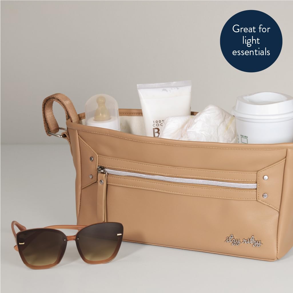 Itzy Ritzy Adjustable Stroller Caddy and Organizer Bag Featuring Front Zippered Pocket, 2 Built-in Interior Pockets & Adjustable Straps to Fit Nearly Any Stroller (Chai)
