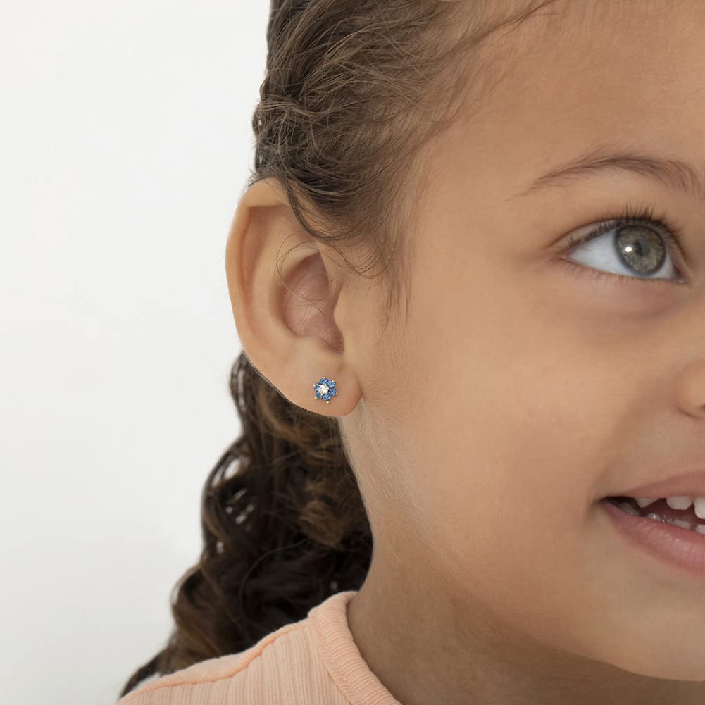 14k Yellow Gold Colorful Cubic Zirconia Flower Studs - Screw Back Earrings for Toddlers & Little Girls - Casual & Sparkly Flower Earrings for Children