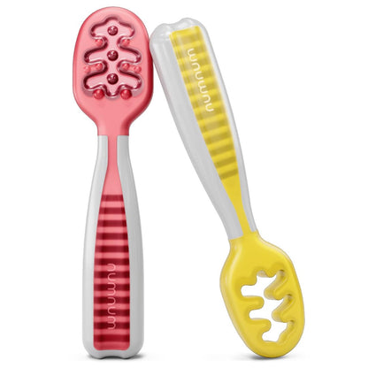 NumNum Baby Spoons Set, Baby Essentials Pre-Spoon GOOtensils for 6+ Months, First Stage Self-Feeding Spoons for Baby Led Weaning (BLW), Silicone Toddler Utensils, BPA-Free, 2 Pack Frosty Lilac/Rosebud
