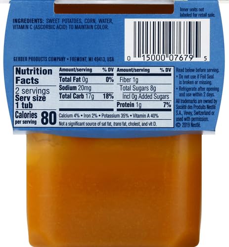 Gerber Baby Food 2nd Foods Blends, Sweet Potato Corn Puree, Veggie Power, Natural & Non-GMO, 4 Ounce Tubs, 2-Pack