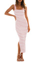 MEROKEETY Women's 2025 Summer Spring Bodycon Midi Dress Vacation Sleeveless Ribbed Knit Striped Party Sweater Dresses