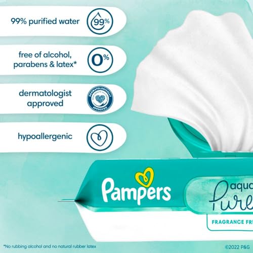 Pampers Baby Wipes Aqua Pure, 99% water-based wipes, Hypoallergenic and Unscented Infant Wipe, 896 Total (16 Flip-Top Packs)