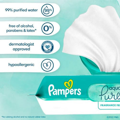 Pampers Baby Wipes Aqua Pure, 99% water-based wipes, Hypoallergenic and Unscented Infant Wipe, 896 Total (16 Flip-Top Packs)