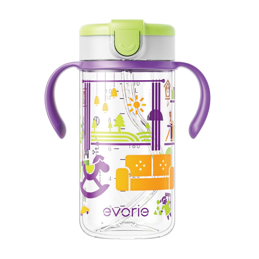 Evorie Tritan Spill Proof Toddler Straw Sippy Cup, 10 oz for Baby and Toddlers 1-3 Years Old, No Spill Straw Water Bottle with Removable Handles, Ideal for School, BPA-Free, Pink Rabbit