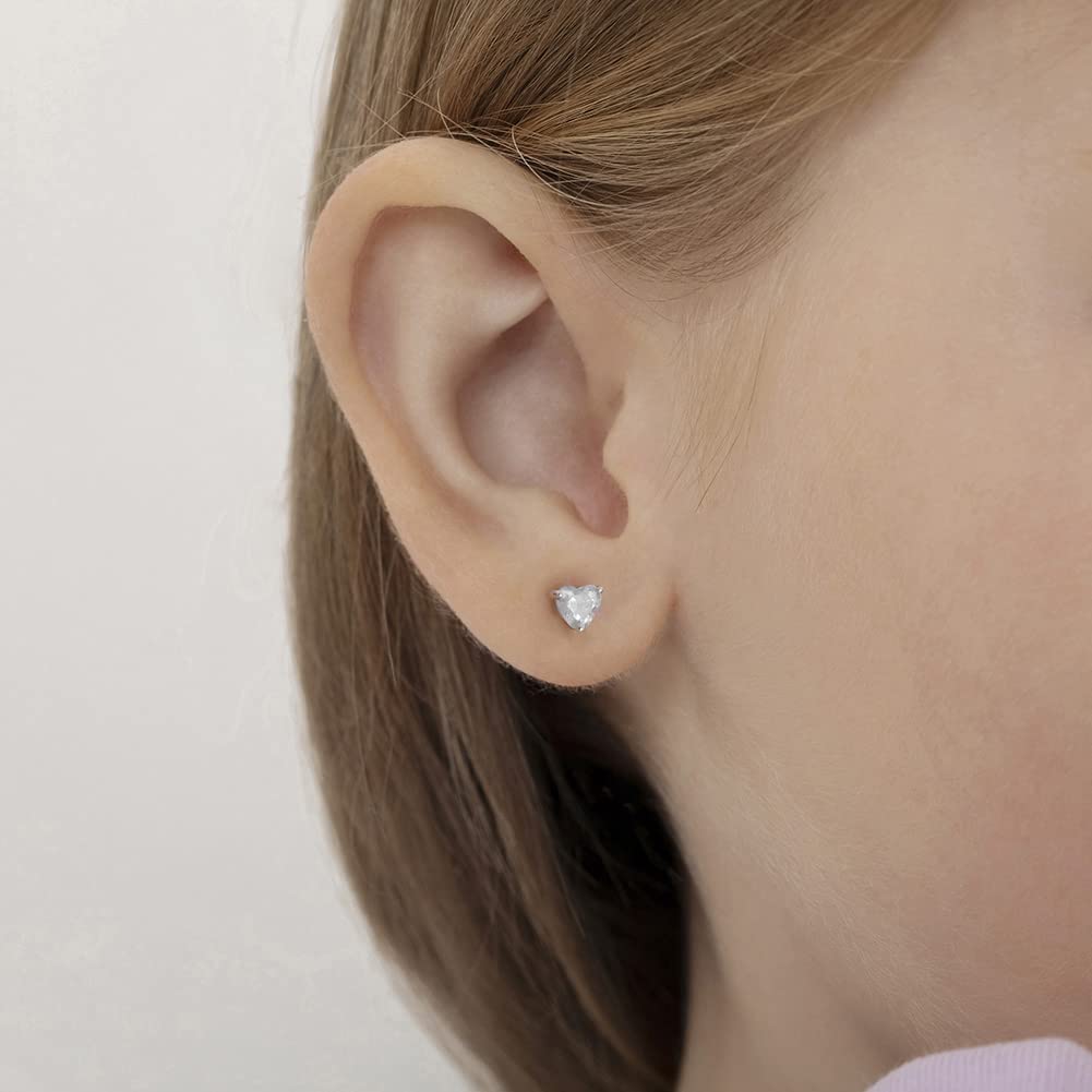 925 Sterling Silver Cubic Zirconia Heart-Shaped Solitaire Stud Girl's Earrings with Safety Push Back Locking 4mm- Excellent For Baby Girls, Toddlers & Young Girls- Best For Kids With Sensitive Ears