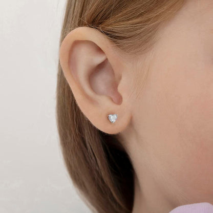 925 Sterling Silver Cubic Zirconia Heart-Shaped Solitaire Stud Girl's Earrings with Safety Push Back Locking 4mm- Excellent For Baby Girls, Toddlers & Young Girls- Best For Kids With Sensitive Ears