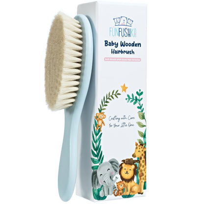 Baby Hair Brush with Soft Goat Bristles - Wooden Cradle Cap Brush for Newborns, Infants, Toddlers, and Kids - Gentle Scalp Grooming and Styling for Baby Girls and Boys (Sky)