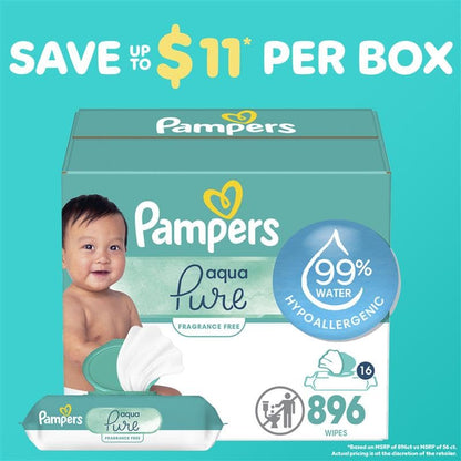 Pampers Baby Wipes Aqua Pure, 99% water-based wipes, Hypoallergenic and Unscented Infant Wipe, 896 Total (16 Flip-Top Packs)