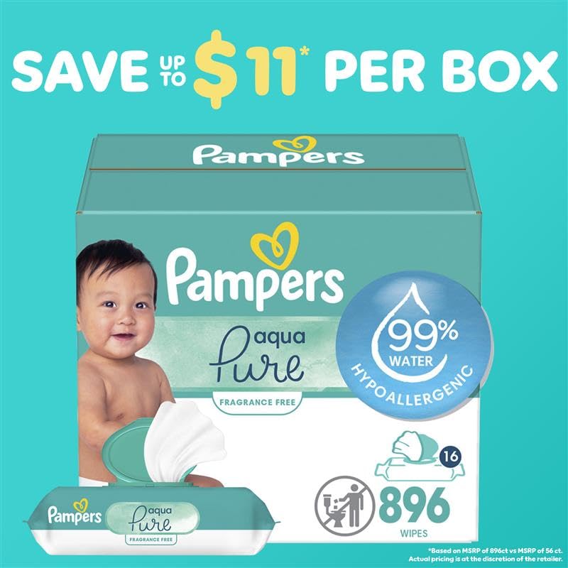Pampers Baby Wipes Aqua Pure, 99% water-based wipes, Hypoallergenic and Unscented Infant Wipe, 896 Total (16 Flip-Top Packs)