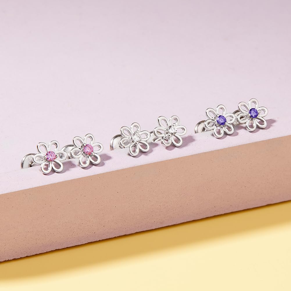 925 Sterling Silver CZ Flower Earrings - Hypoallergenic Screw Back Earrings for Girls & Toddlers - Lightweight, 7mm Flower Design