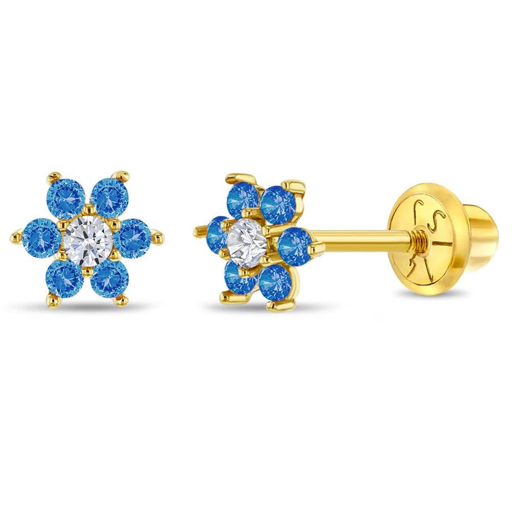 14k Yellow Gold Colorful Cubic Zirconia Flower Studs - Screw Back Earrings for Toddlers & Little Girls - Casual & Sparkly Flower Earrings for Children