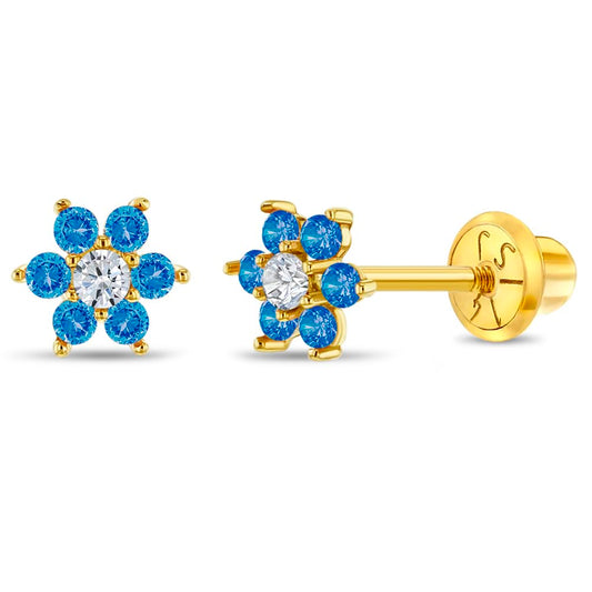 14k Yellow Gold Colorful Cubic Zirconia Flower Studs - Screw Back Earrings for Toddlers & Little Girls - Casual & Sparkly Flower Earrings for Children