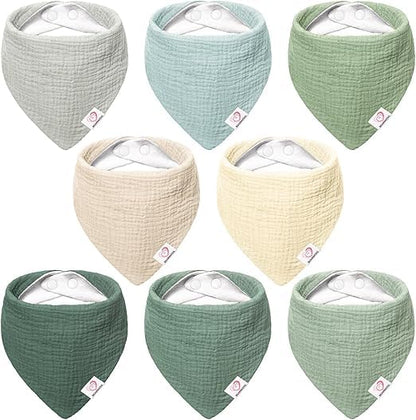Bearmoss Muslin Baby Bibs 8 Pack Soft Bandana Bibs for Drooling & Teething, Absorbent Burp Cloths with Adjustable Snaps