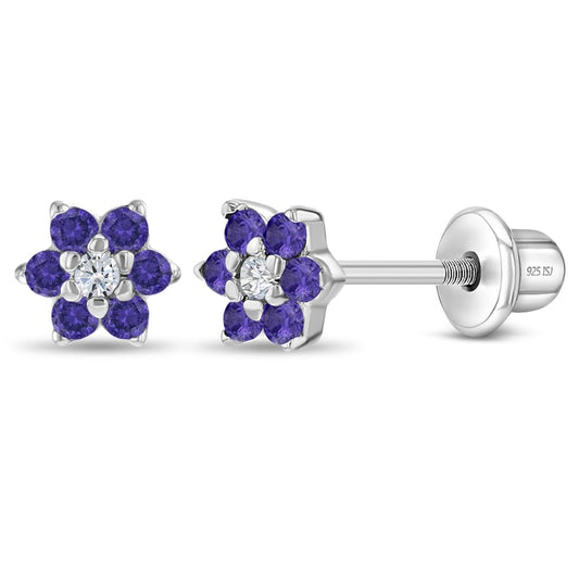 925 Sterling Silver Kids Earrings with 5mm Flower & Screw Backs for Young Girls - Dainty CZ Flower Screw Backs for Toddlers and Little Girls - Cubic Zirconia Floral Studs for Children