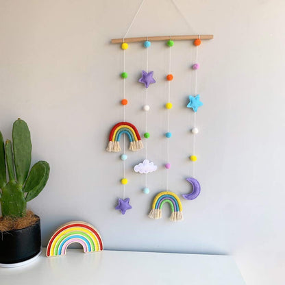 Macrame Rainbow Wall Hanging for Nursery Room,URMAGIC Rainbow Hanging Photo Display with Pom Pom Ball and 25 Photo Clips,Wood Mobile Bed Bell with Moon,Cloud and Stars,Baby Crib Hanging Toys