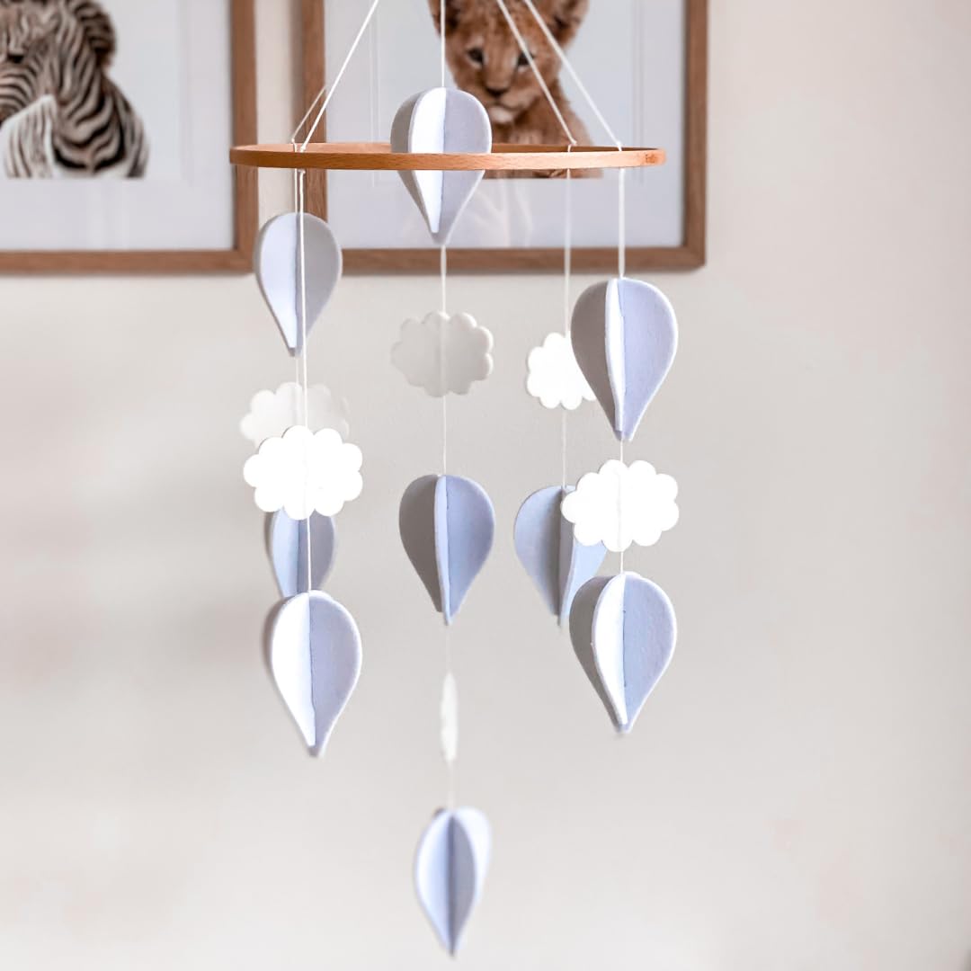 Handmade Baby Crib Mobile | White & Pale Grey | Hot Air Balloons & Clouds | Eco-Friendly Felt & Organic Beech Wood | Gender Neutral Nursery Decor | Simple & Modern Design