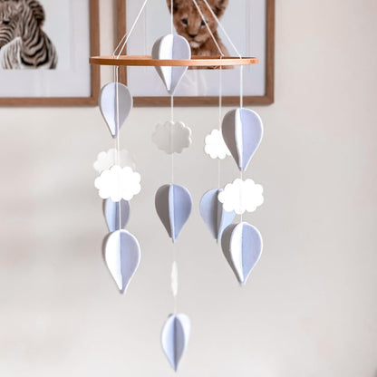 Handmade Baby Crib Mobile | White & Pale Grey | Hot Air Balloons & Clouds | Eco-Friendly Felt & Organic Beech Wood | Gender Neutral Nursery Decor | Simple & Modern Design