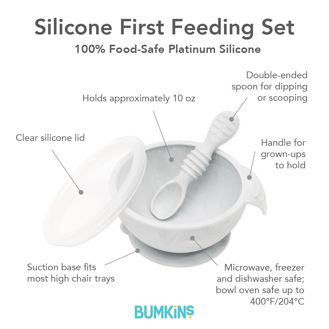 Bumkins Baby Bowls, Disney Minnie Mouse Silicone Baby Feeding Set, Suction Bowls for Baby and Toddler with Spoon, First Feeding Set, Platinum Silicone Bowl for Babies 4 Months