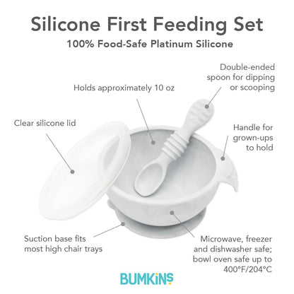 Bumkins Baby Bowls, Disney Minnie Mouse Silicone Baby Feeding Set, Suction Bowls for Baby and Toddler with Spoon, First Feeding Set, Platinum Silicone Bowl for Babies 4 Months