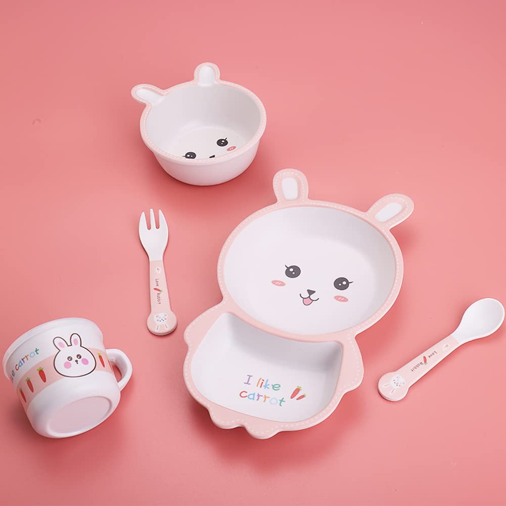 Bamboo Kids Dinnerware Set 5 Pcs Includes Plate Bowl Cup Fork Spoon Perfect for Kids BPA-Free (Little Dinosaur)