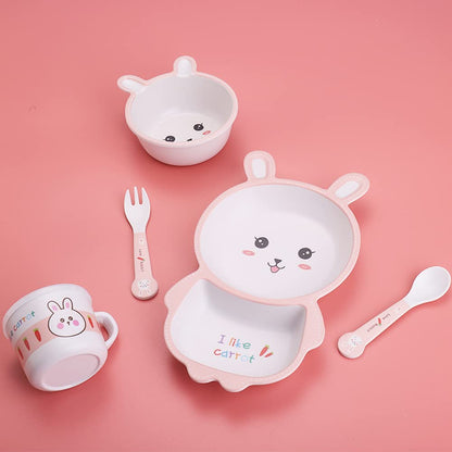 Bamboo Kids Dinnerware Set 5 Pcs Includes Plate Bowl Cup Fork Spoon Perfect for Kids BPA-Free (Little Dinosaur)