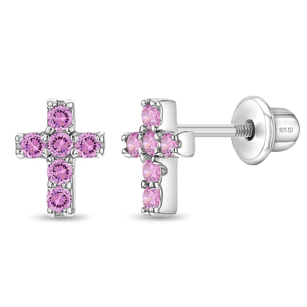925 Sterling Silver Cubic Zirconia Little Cross Shape Stud Earrings with Safety Screw Back Lock for Toddlers, Little Girls, Pre-Teens & Teens - Christian Jewelry for Sweet & Loving Children