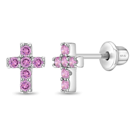 925 Sterling Silver Cubic Zirconia Little Cross Shape Stud Earrings with Safety Screw Back Lock for Toddlers, Little Girls, Pre-Teens & Teens - Christian Jewelry for Sweet & Loving Children