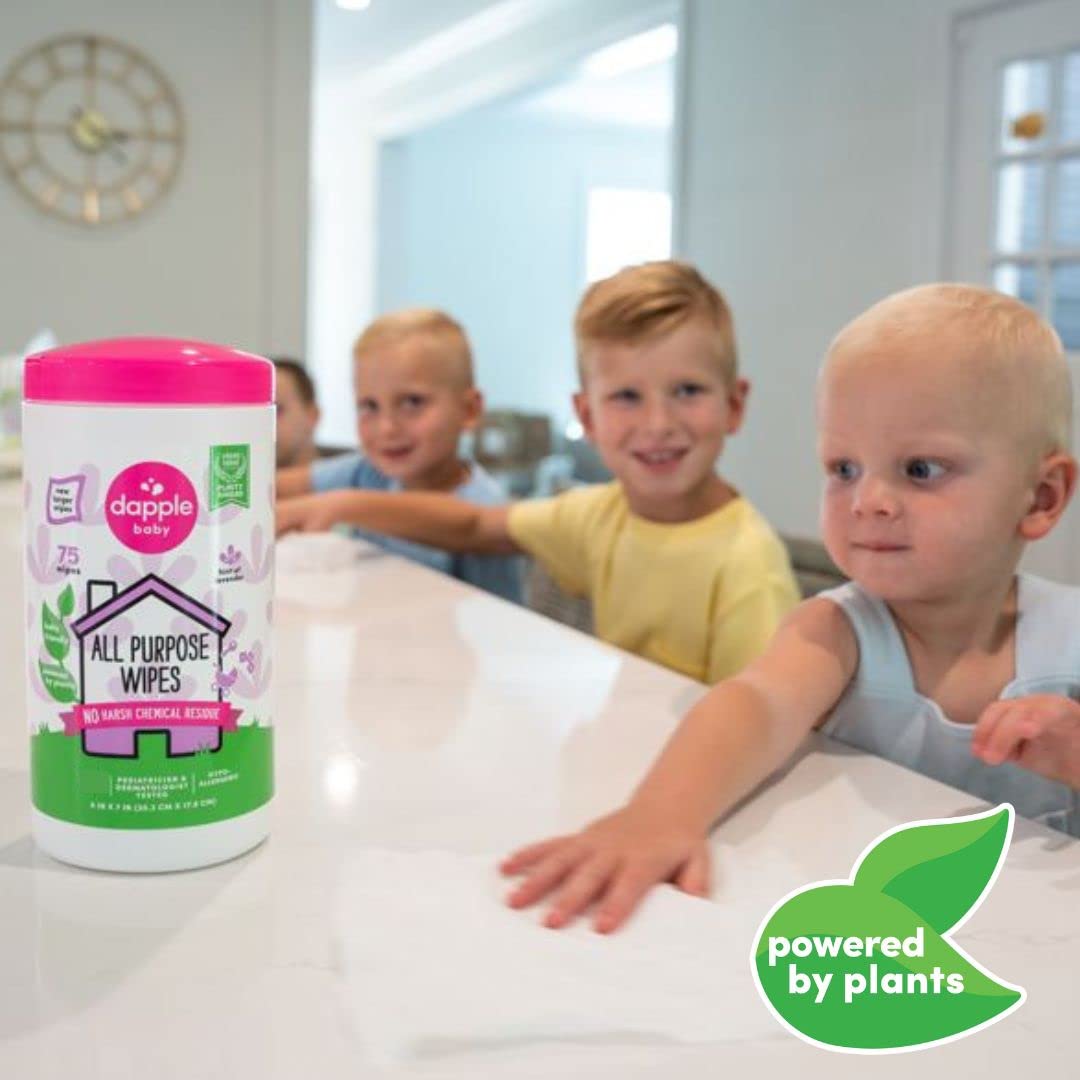All Purpose Wipes by Dapple Baby, Hypoallergenic Cleaning Wipes Powered by Plants, Hint of Lavender, 75 Count Canister (Pack of 2) + 30 Count (Pack of 2)
