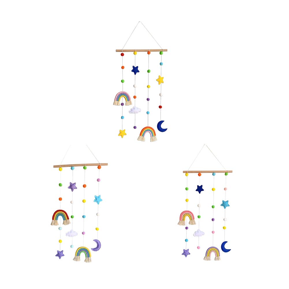 Macrame Rainbow Wall Hanging for Nursery Room,URMAGIC Rainbow Hanging Photo Display with Pom Pom Ball and 25 Photo Clips,Wood Mobile Bed Bell with Moon,Cloud and Stars,Baby Crib Hanging Toys