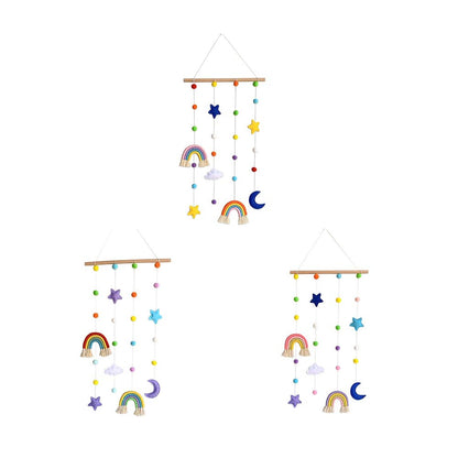 Macrame Rainbow Wall Hanging for Nursery Room,URMAGIC Rainbow Hanging Photo Display with Pom Pom Ball and 25 Photo Clips,Wood Mobile Bed Bell with Moon,Cloud and Stars,Baby Crib Hanging Toys