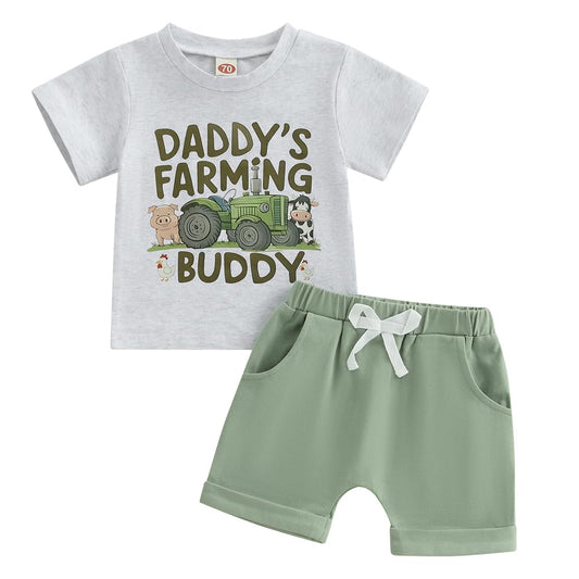 Pudcoco Toddler Baby Boys Girls Summer Clothes Farm Animal Outfit Short Sleeve T-shirt and Solid Color Shorts Set