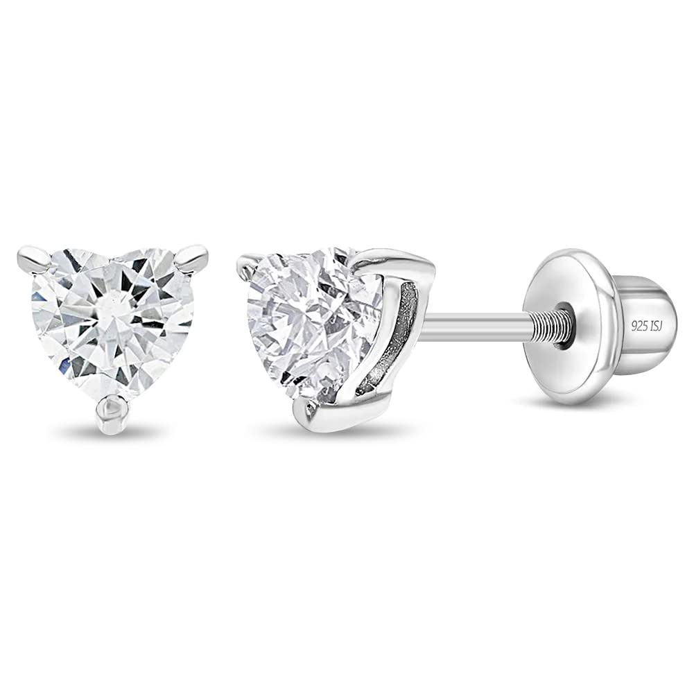 925 Sterling Silver Girls CZ Heart Hypoallergenic Safety Screw Back Earrings - Adorable 5mm Heart Earrings for Young Girls - Great Jewelry for Everyday Wear for Toddlers to Teens