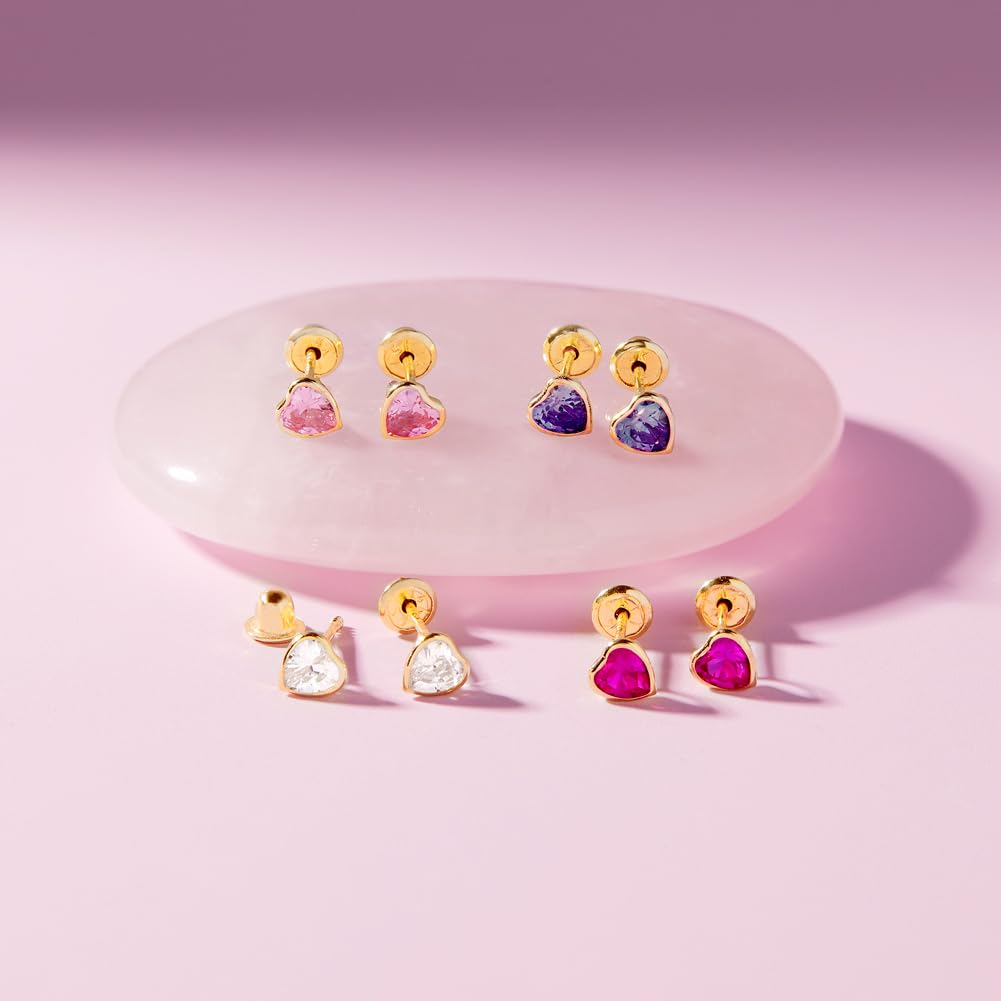 14k Yellow Gold 4mm Bezel Set Heart Cubic Zirconia Screw Back Earrings for Baby Girls, Toddlers and Young Girls - Cute Heart Earring Studs for Children with Locking Screw Backs for Kids