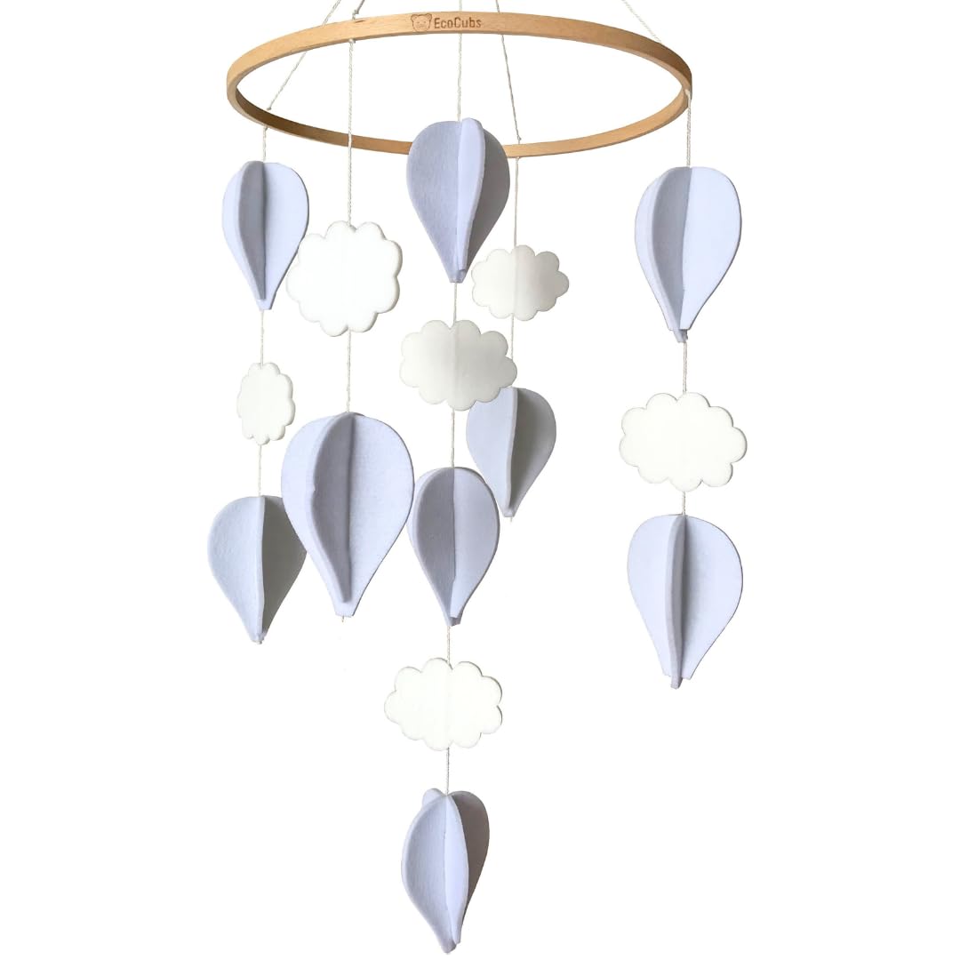 Handmade Baby Crib Mobile | White & Pale Grey | Hot Air Balloons & Clouds | Eco-Friendly Felt & Organic Beech Wood | Gender Neutral Nursery Decor | Simple & Modern Design