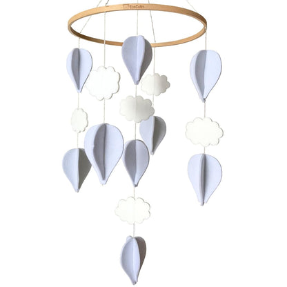 Handmade Baby Crib Mobile | White & Pale Grey | Hot Air Balloons & Clouds | Eco-Friendly Felt & Organic Beech Wood | Gender Neutral Nursery Decor | Simple & Modern Design