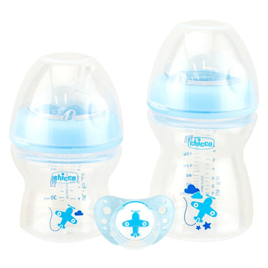 Chicco NaturalFeeling Gift Set with 2 Newborn Baby Bottles + Pacifier, 0 m + Blue