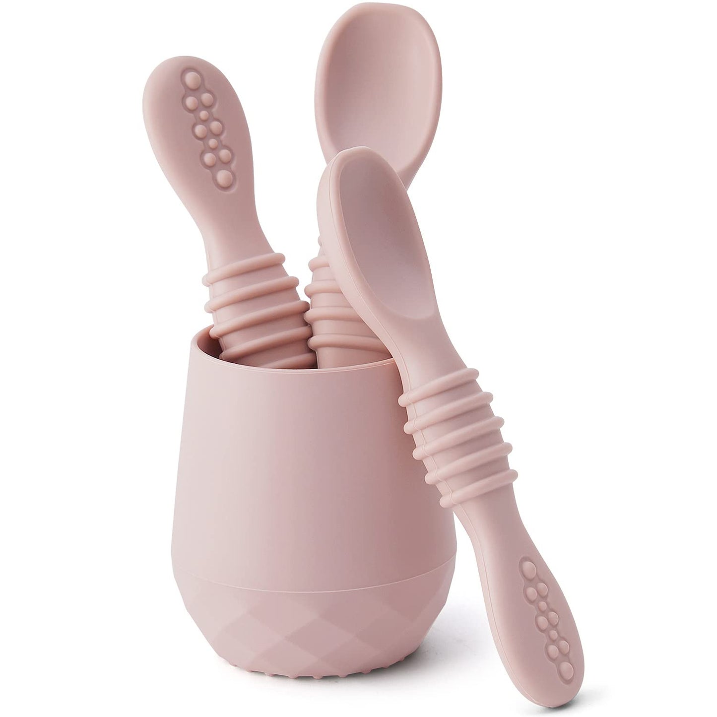SAMiGO Silicone Baby Utensils - Self Feeding Spoons and Tiny Training Cup - First Stage Baby Led Weaning Supplies for 6 Months+ Infants - Set of 3