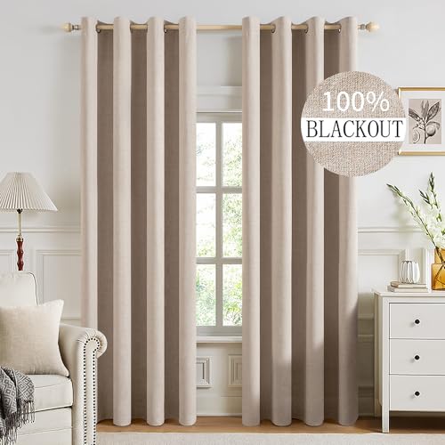 MIULEE 100% Blackout Linen Textured Curtains for Bedroom Solid Thermal Insulated Natural Beige Grommet Room Darkening Curtains & Drapes Luxury Decor for Living Room Nursery 52 x 84 Inch (2 Panels)