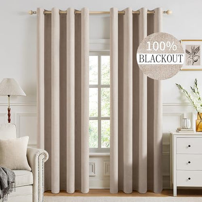MIULEE 100% Blackout Linen Textured Curtains for Bedroom Solid Thermal Insulated Natural Beige Grommet Room Darkening Curtains & Drapes Luxury Decor for Living Room Nursery 52 x 84 Inch (2 Panels)