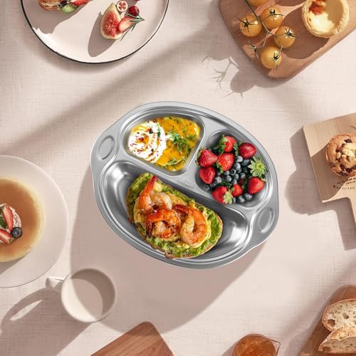 Mrs. Chou® Stainless Steel Baby Suction Plates Divided Designed for Babies and Toddlers, Made of 100% Food-Grade Materials Ideal for Baby-Led Weaning BPA-Free Toddler Feeding Supplies Dishwasher Safe