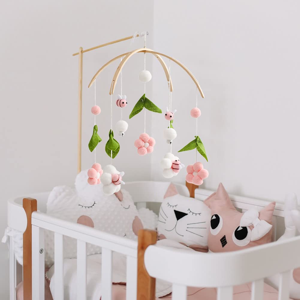 Baby Crib Mobile Wooden Wind Chime Bed Bell, Nursery Mobile Crib Rattle Bedroom Ceiling Wind Chime Hanging Bees Plush Flower Wooden Rotating Toy Newborn Bed Decor (Pink)