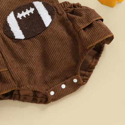 Football Baby Girl Outfit Embroidery Football Romper Ruffle Sleeve Corduroy Bodysuit Overalls Game Day Clothes