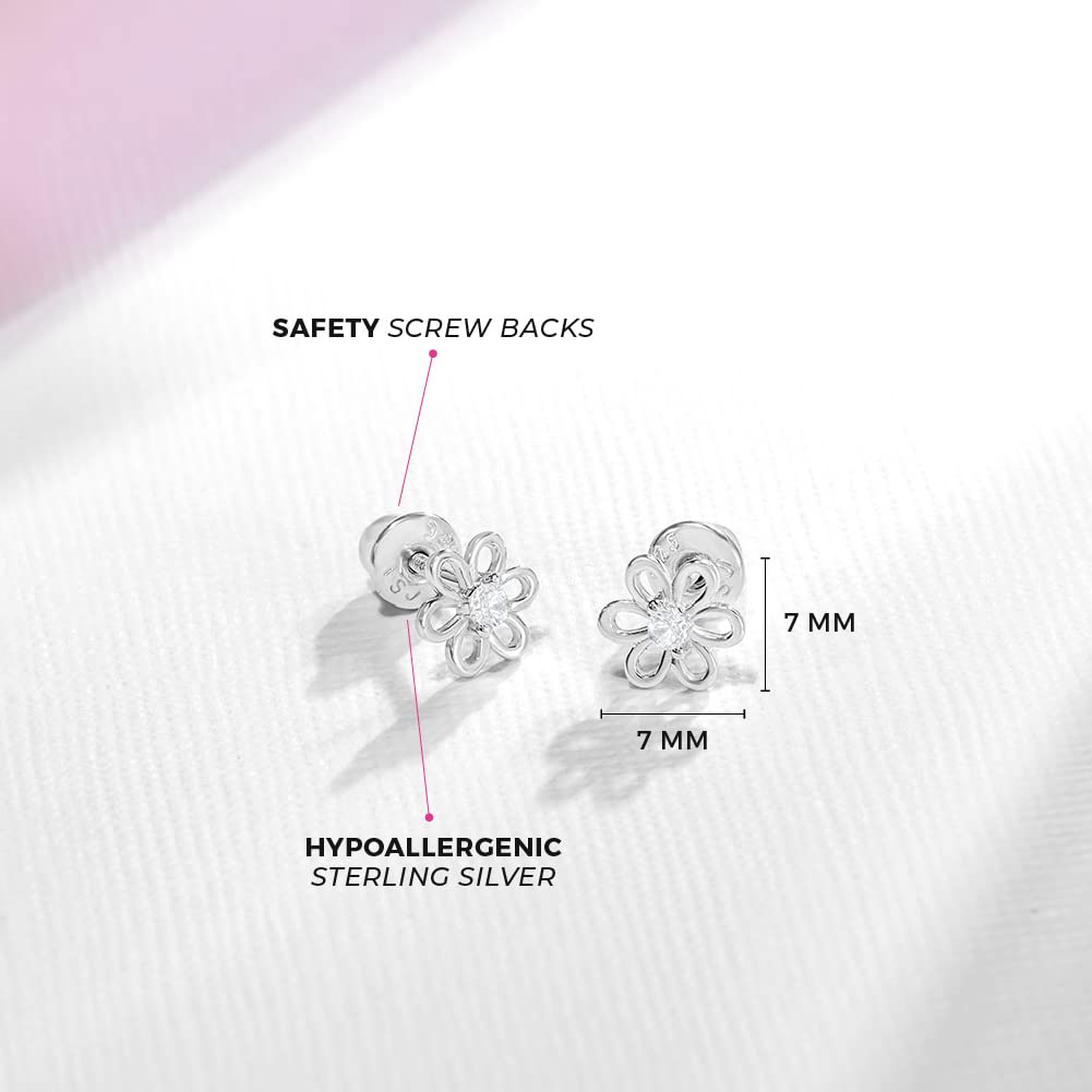 925 Sterling Silver CZ Flower Earrings - Hypoallergenic Screw Back Earrings for Girls & Toddlers - Lightweight, 7mm Flower Design