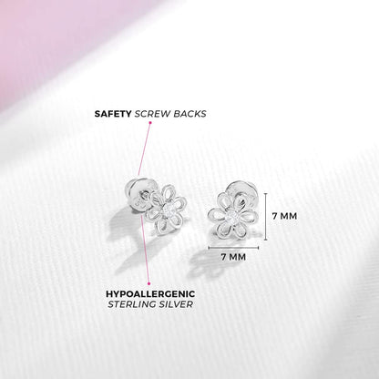 925 Sterling Silver CZ Flower Earrings - Hypoallergenic Screw Back Earrings for Girls & Toddlers - Lightweight, 7mm Flower Design