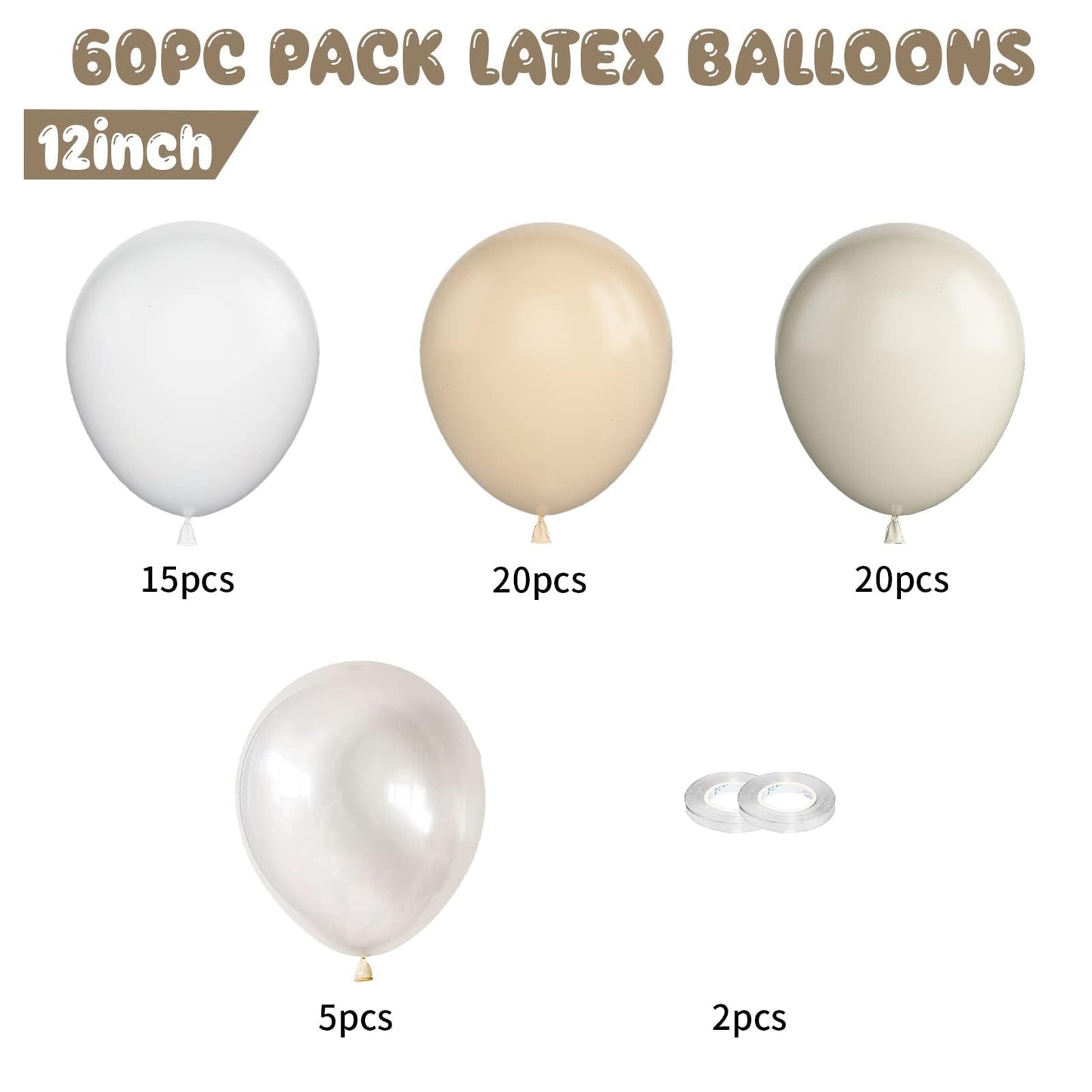 Beige Balloons, 60 PCS 12 Inch Cream Nude Sand White Clear Latex Birthday Balloons for Birthday Baby Shower Wedding Party Decorations