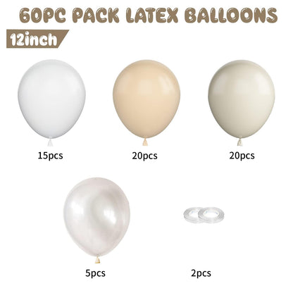 Beige Balloons, 60 PCS 12 Inch Cream Nude Sand White Clear Latex Birthday Balloons for Birthday Baby Shower Wedding Party Decorations