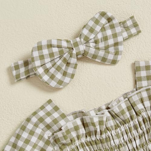 Infant Baby Girls Romper Ruffle Sleeve Pleated Smocked Bubble Plaid One Piece Ruched Jumpsuit Summer Bodysuit